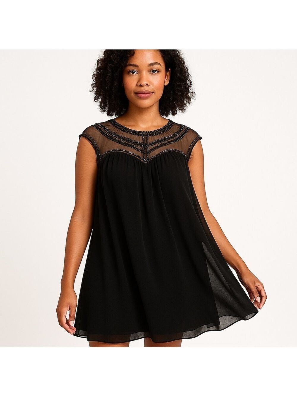 KEEPSAKE the label babydoll mini dress black chiffon and sheer crystal small
